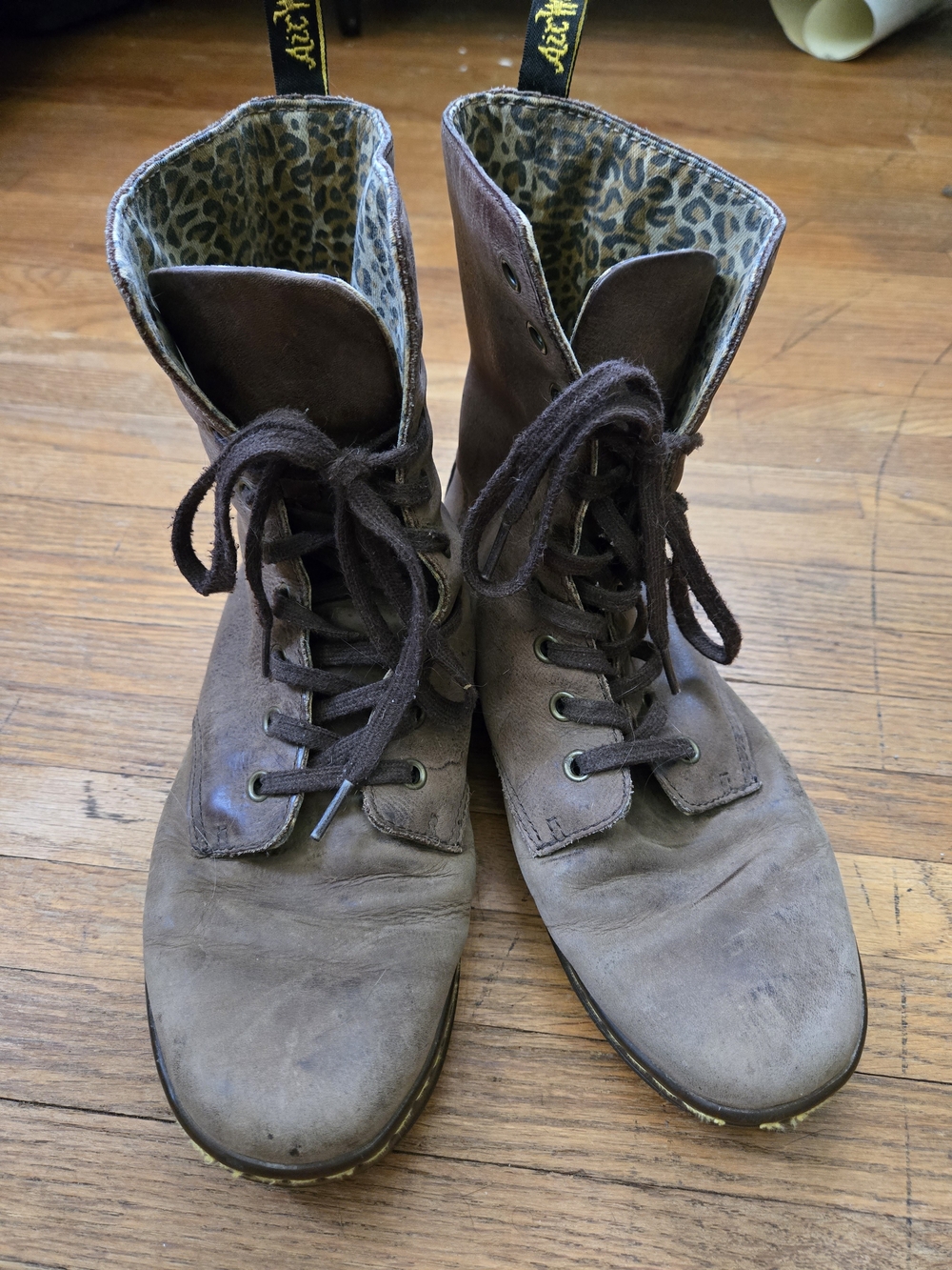 Women's Brown Lace-Up Boots with Leopard Inner Lining Size 10